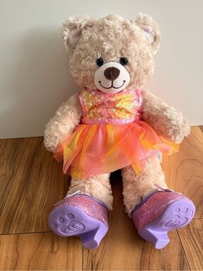 Build-a-bear Teddy Bear in Peach with Pink Sequin Bodice and Orange-Pink Tutu